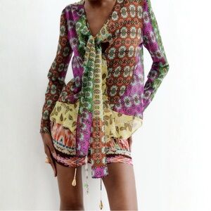 Zara Semi Sheer Colorful Print Blouse
